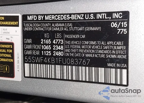 2015 Mercedes-Benz C 300 Sport 4Matic из США, поврежденный, VIN 55SWF4KB1FU083767